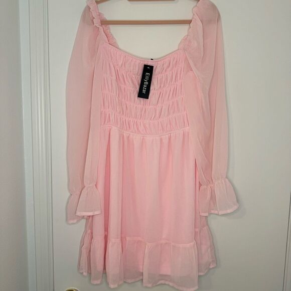 Eilly Bazar Baby Pink Shirred Flounce Sleeve Ruffle Hem Chiffon Dress - Picture 8 of 10
